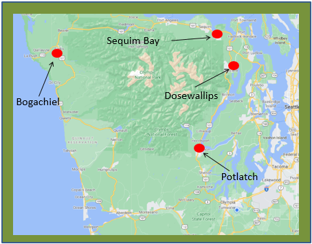 Map showing locations in Washington State: Bogachiel, Sequim Bay, Dosewallips, and Potlatch, marked with red dots.